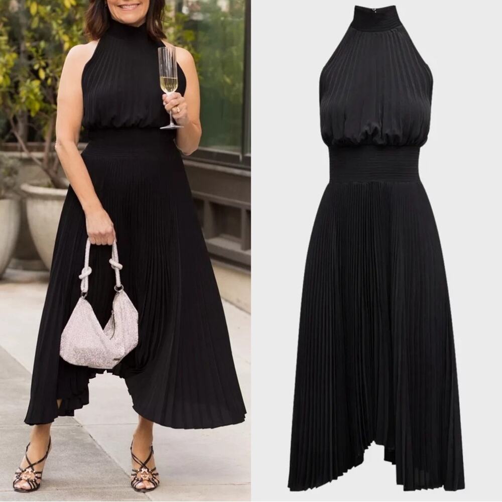 A.L.C. Renzo Sleeveless Smocked Mock Neck Pleated Swing Dress Size 4 Solid Black